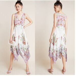 Anthropologie White Floral Handkerchief-Hem Midi Dress in Purple and Green